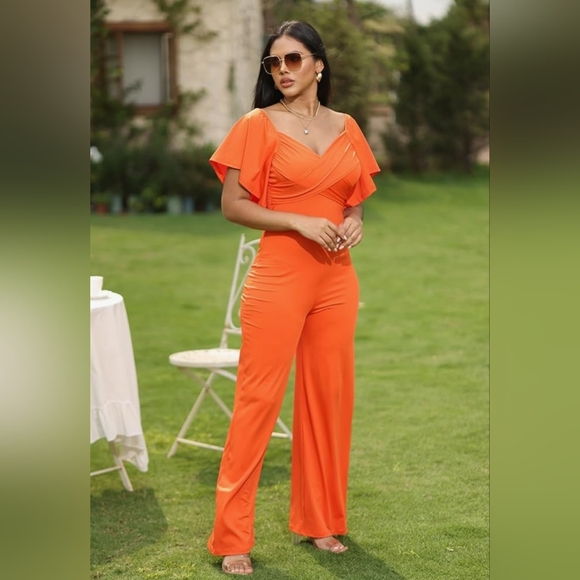 NWOT Orange Short Sleeve Wide Leg Jumpsuits - Picture 2 of 5